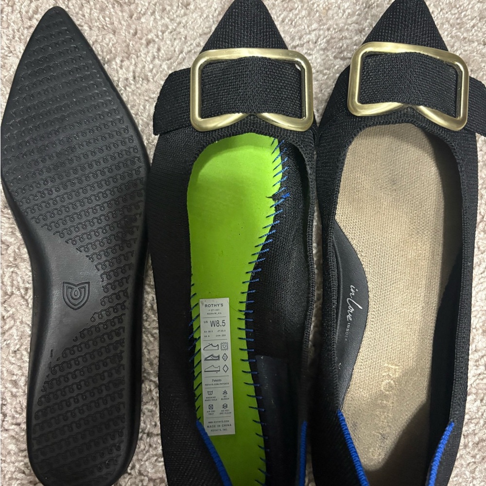 Rothy's Black Pointed Flats with Gold Buckle